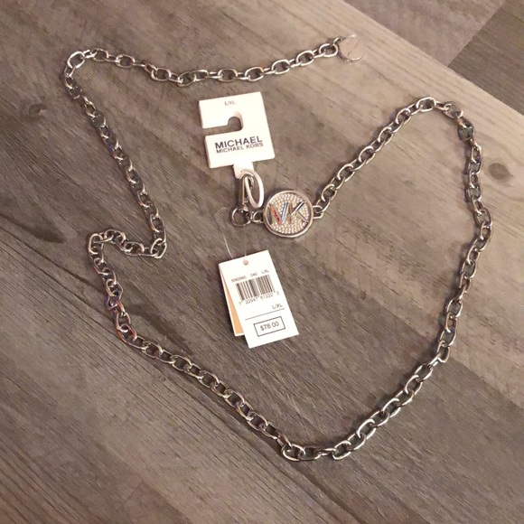 Michael Kors Silver Tone Chain Link Belt With Round Pave MK Logo Size L/XL NWT